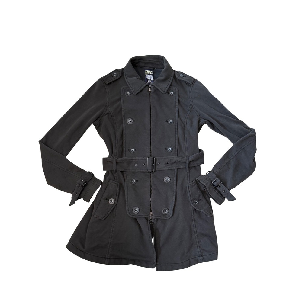 Vintage Y2K Free People Military Knit Trench Coat Gray Belt Jacket Small Grunge